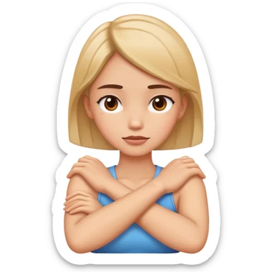 Girl with arms crossed holding her neck sticker