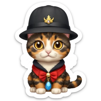 Cute mostly black tortoiseshell kitten wearing a british hat, golden eyes sticker