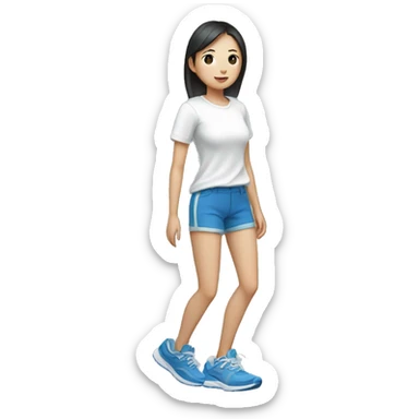 teen asian with short pants, white shirt sarcasm imprint, colorful teel blue running shoe sticker