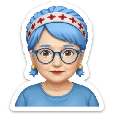 fat old woman with blue hair and glassess and headband sticker
