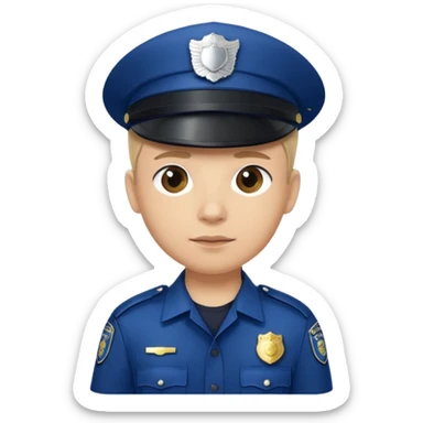 This is a cartoon-style avatar of a police officer with light skin, wearing a dark blue cap featuring a silver badge, and showing a neutral expression. sticker