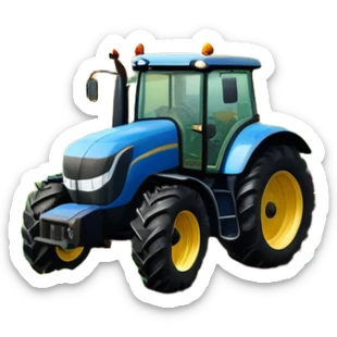 An icon representing a farming simulator, with a detailed tractor plowing fields under a bright sky with rural landscape. The design includes farming tools, crops and barns, symbolizing the immersive experience of managing a farm. Transparent background. sticker