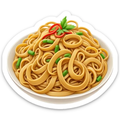 Shanghai Fried Noodles with thick chewy texture, simplified emoji style with bold outlines and bright colors, cartoon style stir-fried Shanghainese Cu Chao Mian sticker