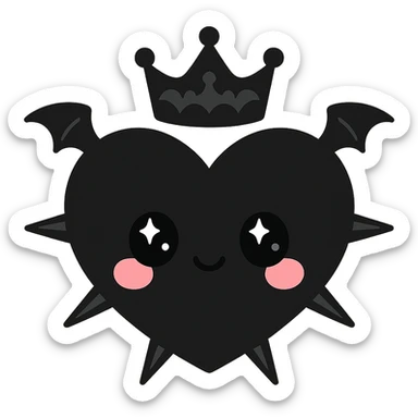 black gothic heart with metallic spikes, very tiny gothic bat wings, and a gothic crown, ornate, dark, elegant, kawaii style sticker