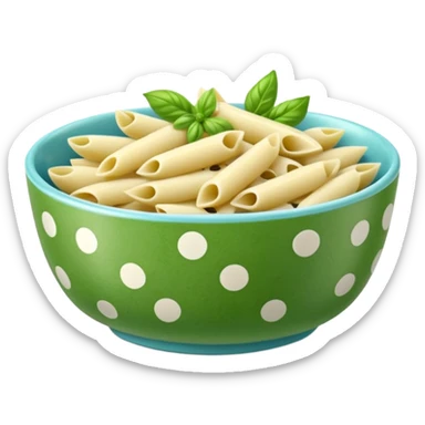 green pesto penne pasta in a light blue polka dot bowl sticker