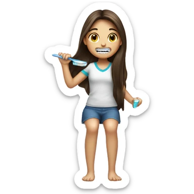 Brunette long hair girl brushing her teeth  sticker