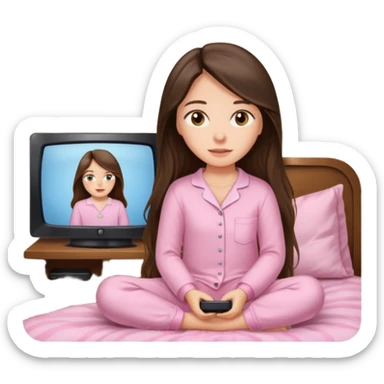 long haired brunette girl hazel eyes in light pink watching tv sticker