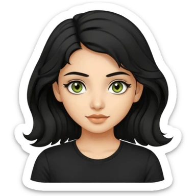 a pretty FAIR indian bratz girl with wavy black hair, wearing a black tshirt. eyeliner on, olive green eyes.  sticker