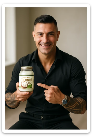 Create a realistic and cinematic vertical 2:3 image of a smiling man who resembles the person in the reference photo. The man is holding or pointing to a jar of organic coconut oil. The atmosphere is bright and natural. No text in the image. sticker