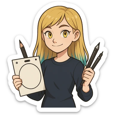 a girl animator with medium long blond hair, blue-dyed ends, yellow eyes, wearing dark blue clothing, holding animation tools sticker