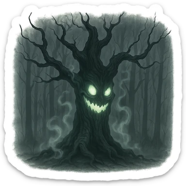 Harold the haunted tree with spectral mist, creepy smile, unsettling glowing features, spooky forest setting sticker