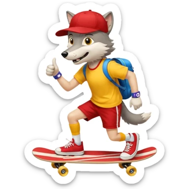 A gray wolf with large, expressive eyes and a friendly smile. The gray wolf is wearing a bright yellow T-shirt, red shorts, white knee socks, and sneakers. The baseball cap is worn backwards. The wolf holds a skateboard in one hand and gives a thumbs-up with the other, a confident and cheerful pose. sticker