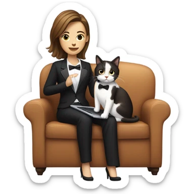 Light skinned woman with brown hair sitting on the couch laptop on her lap next to small black and white tuxedo cat sticker