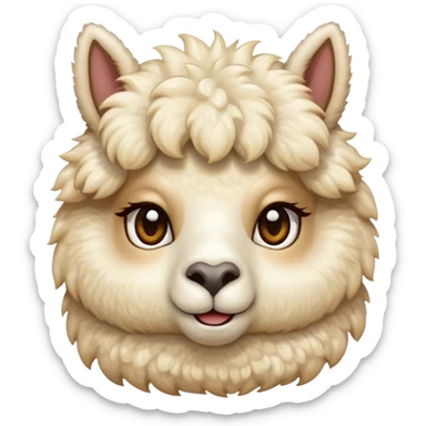 Cinematic Cute Cream Alpaca Portrait Emoji, Head tilted playfully and inquisitively, featuring a fluffy, cream fleece with a natural sheen, round, sparkling gentle eyes filled with curiosity, Simplified yet irresistibly adorable features, highly detailed, glowing with a warm, friendly glow, high shine, affectionate and gentle, stylized with a touch of whimsy, bright and endearing, soft glowing outline, capturing the essence of a mischievous yet loving alpaca, so playful it feels like it could prance out of the screen and into your arms! sticker