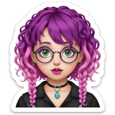 . Gothic girl with pink to violet ombré hair with pink on top, ringlet curly hair, bangs round glasses, septum piercing, nostril piercing, almond eyes, blueish green eyes,heavy eyeliner,  sticker