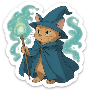 ghibli style wizard cat with a cloak and magical aura sticker