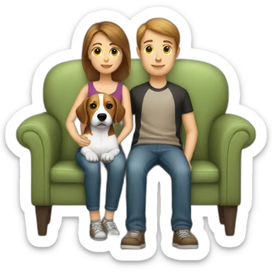 Brown hair White boy and girl with beagle Sit on couch sticker
