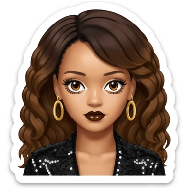 Rihanna with dark brown hair, black sequin outfit  sticker