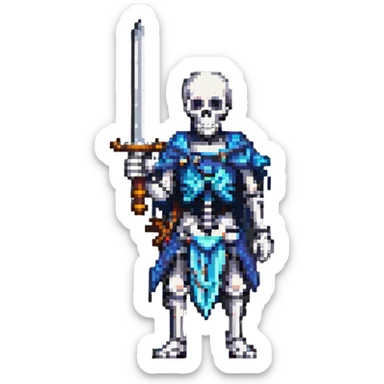 pixel art skeleton with a sword raised, action pose sticker