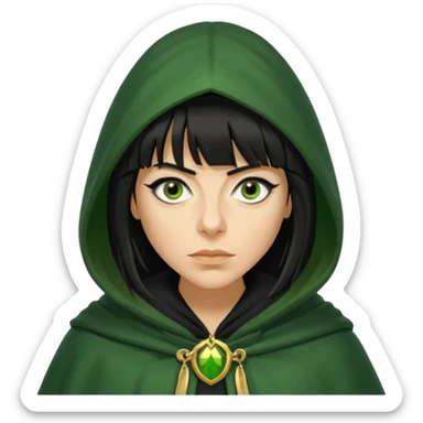 claudia winkleman with a heavy fringe as a traitor with a green hooded cloak with a gold clasp and dark black eyeliner sticker