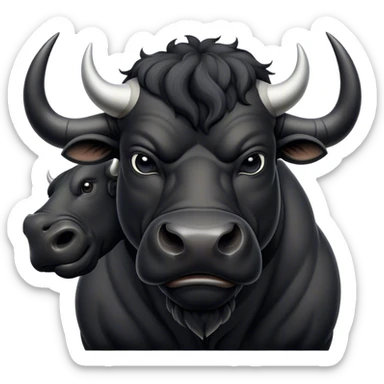 Cinematic Noble Black Bull Portrait Emoji, Poised and regal, with a massive, muscular build and a sleek, well-groomed pure black hide, deep-set soulful dark eyes, Simplified yet sharp and sophisticated features, highly detailed, glowing with a soft, dignified glow, high shine, intelligent and formidable, stylized with an air of strength, focused and attentive, soft glowing outline, capturing the essence of a watchful and confident guardian, so majestic it feels as though it could charge out of the screen with effortless authority! sticker
