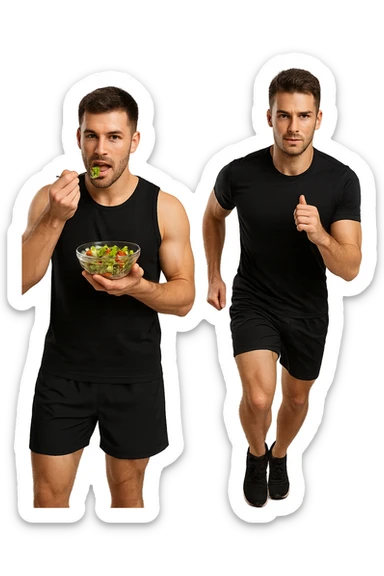 UOMO FITNESS CHE MANGIA INSALATA ACCANTO A UOMO FITNESS CHE CORRE IN POSA FRONTALE sticker