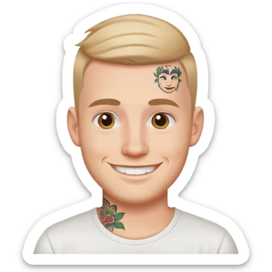 white man with small face tattoo, smiling, wearing a white t-shirt sticker