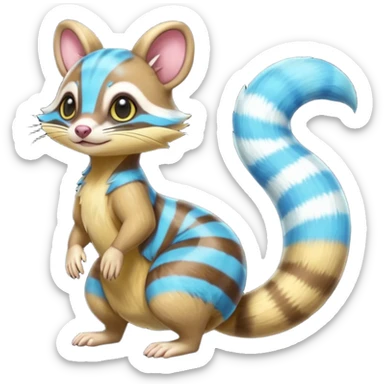 Neon-yellow and neon-cobalt-blue- and cyan-gradients-striped Furret-Sentret-Genet-Cacomistl-hybrid-fusion (full body) sticker