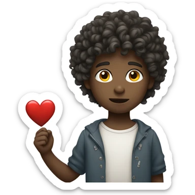 Curly boy with white skin holding a heart with difficulty  sticker