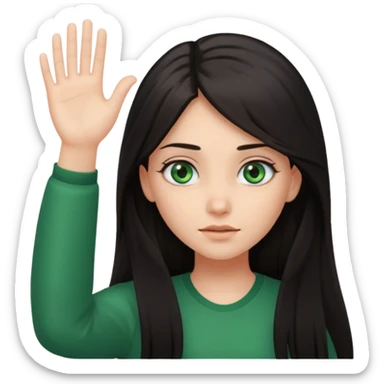 Animated girl dark long hair green eyes emoji holding right side of the head with her hand with duh facial expression , hand on her head sticker