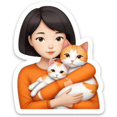 Oriental Asian girl with short bob haircut snuggling with an orange and white cat, cat is mostly white with orange patches, the girl is holding the cat lovingly sticker