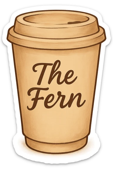 Make the white coffee cup a to-go cup with a lid, keep 'The Fern' in a handwritten script, cozy and inviting vibe. sticker