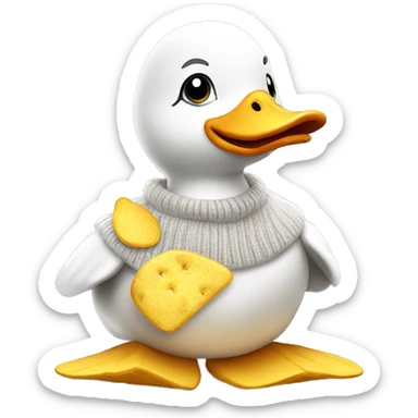 plush white duck wearing a sweater with Chips written on it sticker