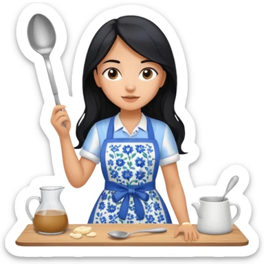 Girl with tan skin long black hair, in a blue and white floral apron, with a mixing spoon in hand  sticker