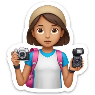 little tourist girl with camera and sportswear looking up sticker