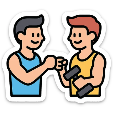 two gym buddies meeting and smiling, clean lines, fitness theme, icon style sticker