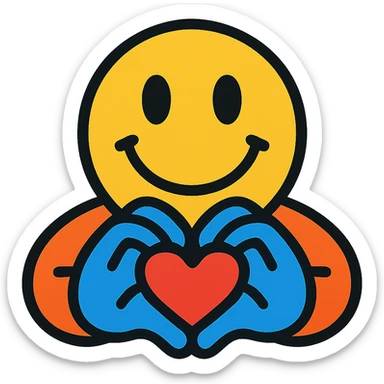 smiling face with two hands gesturing a heart sticker