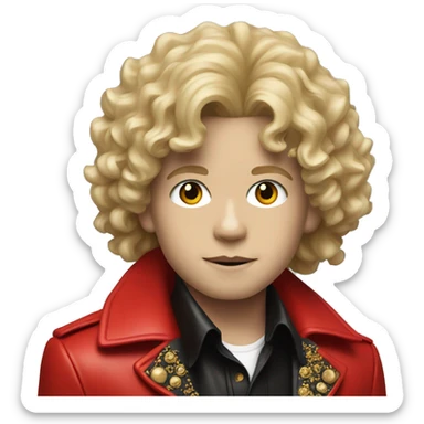 Blonde boy with curly hair in a Michael Jackson  red jacket portrait  sticker