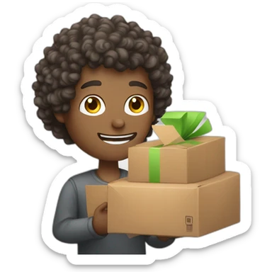 A white man with curly hair giving a package with the word “attention” written on it sticker
