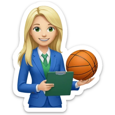 Full Body white plus size female basketball head coach using a clipboard with long blonde hair in a blue and green suit smiling with basketball and clipboard sticker