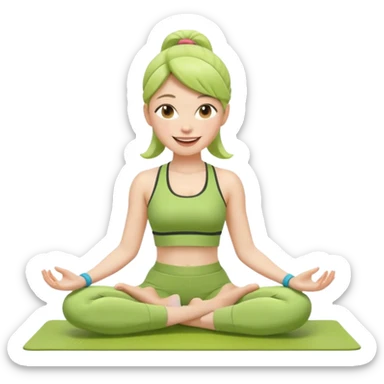 Девушка-мемоджи радостно сидит на коврике для йоги, в спортивной позе, в ярком стильном спортивном комплекте. Лицо сияющее, улыбка очень довольная и счастливая, в руках яркий стакан освежающего матча-лимонада, вокруг атмосфера свежести, отдыха и комфорта. Белый фон. 2 руки и 2 ноги sticker