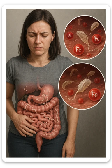 donna con parassiti intestinali che amano la sua carenza di ferro così possono svilupparsi. Immagini realistiche sticker