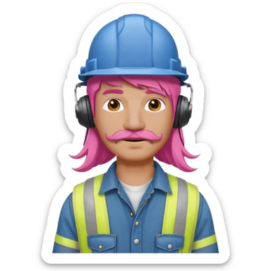 construction worker with long pink hair and protective headphones and mustache sticker