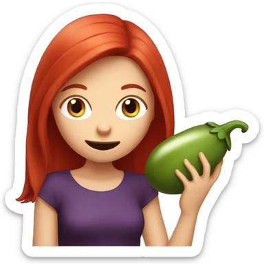 Red haired girl holding eggplant near mouth pretending to taste it sticker