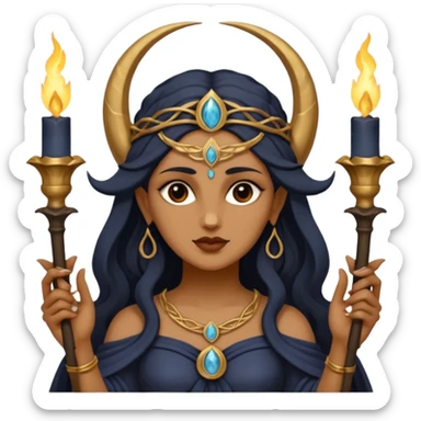 The goddess Hecate with 3 heads holding two torches the front head with a crescent moon on forehead sticker