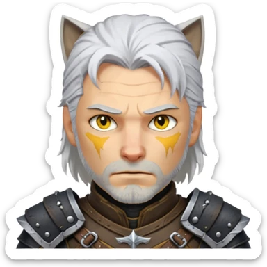 Geralt of Rivia emoji, white hair, yellow cat-like eyes, scar on face, wearing dark dark fantasy armor sticker