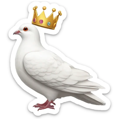 white Pigeon wearing a crown and a crown sticker