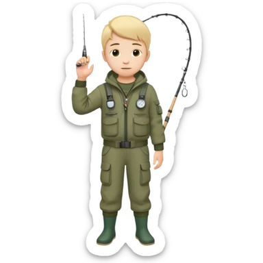 Boy in fishing suit looking at his wristwatch, full body sticker