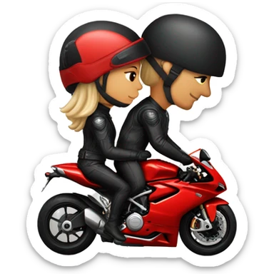 A biker couple wearing black helmet not showing face, in a red ducati 1098 motorcycle  sticker