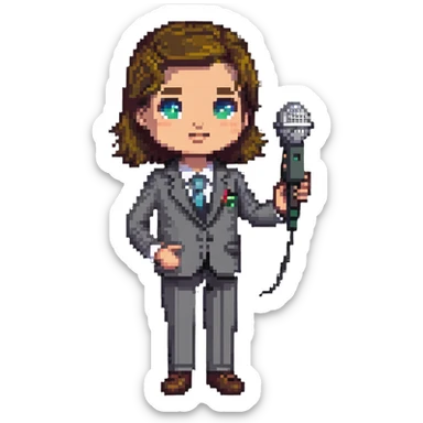 news reporter with microphone sticker